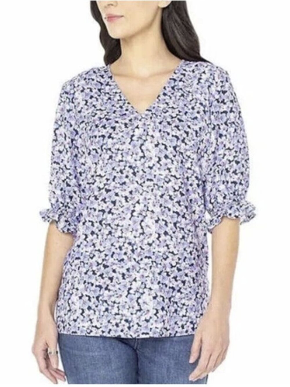 Well Worn Brand New Floral V-neck Elbow Sleeve Top Blouse Blue Size XXL